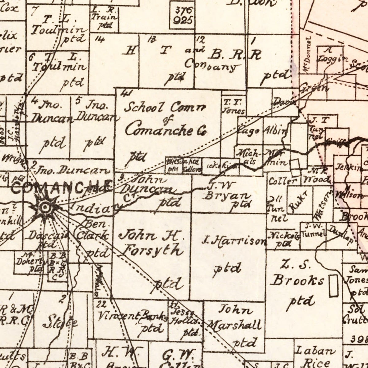Restored historic details from the 1876 county map of Comanche County, Texas