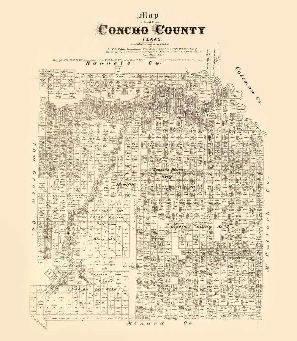 Vintage Map of Concho County, Texas 1879 print style example