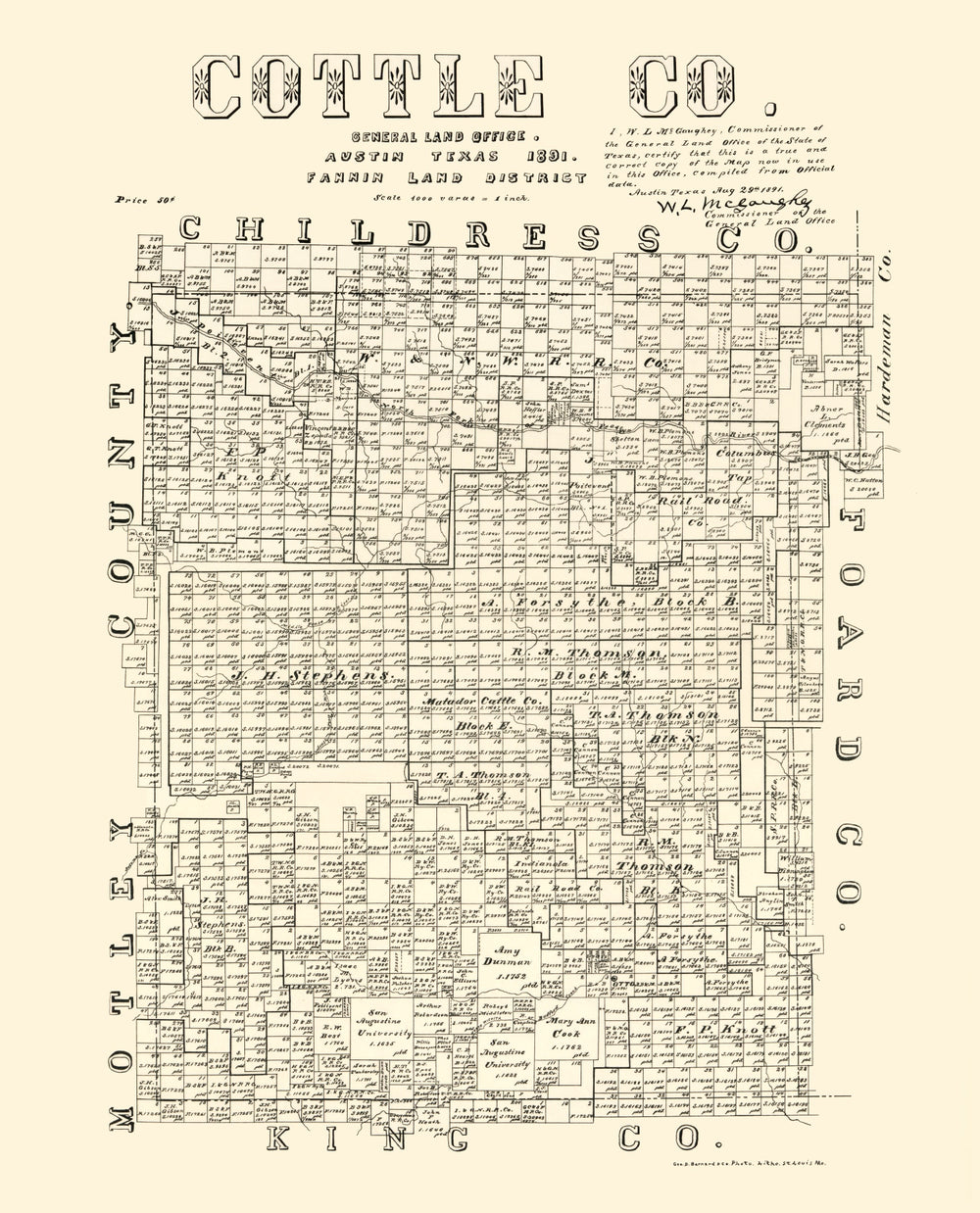 Vintage Map of Cottle County, Texas 1891 print style example