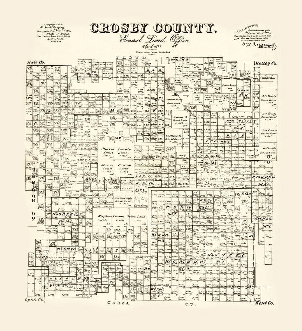 Vintage Map of Crosby County, Texas 1892 print style example