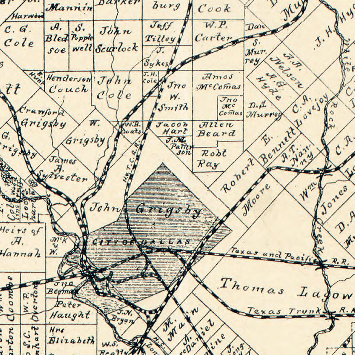 Restored historic details from the 1886 county map of Dallas County, Texas