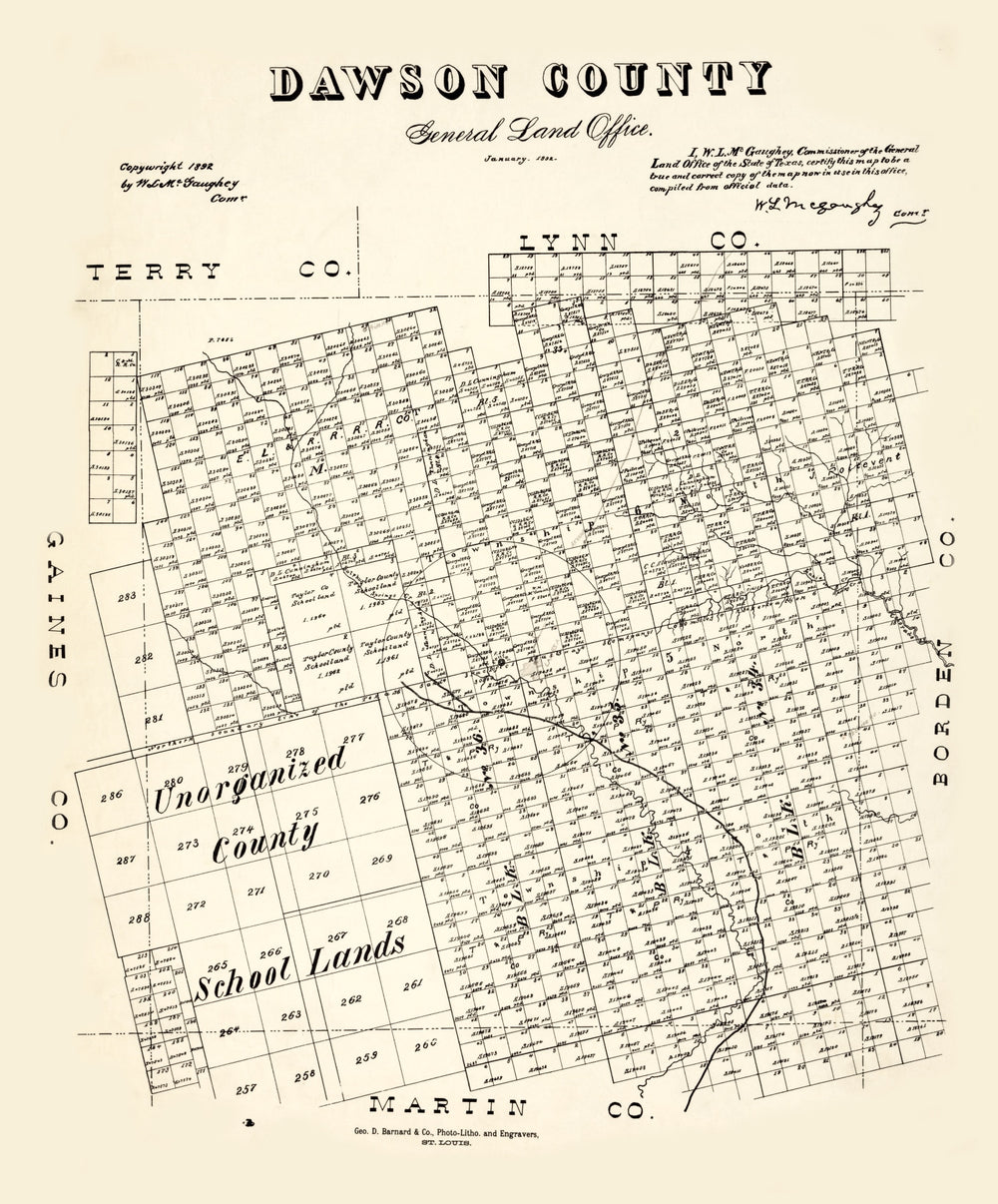 Vintage Map of Dawson County, Texas 1892 print style example