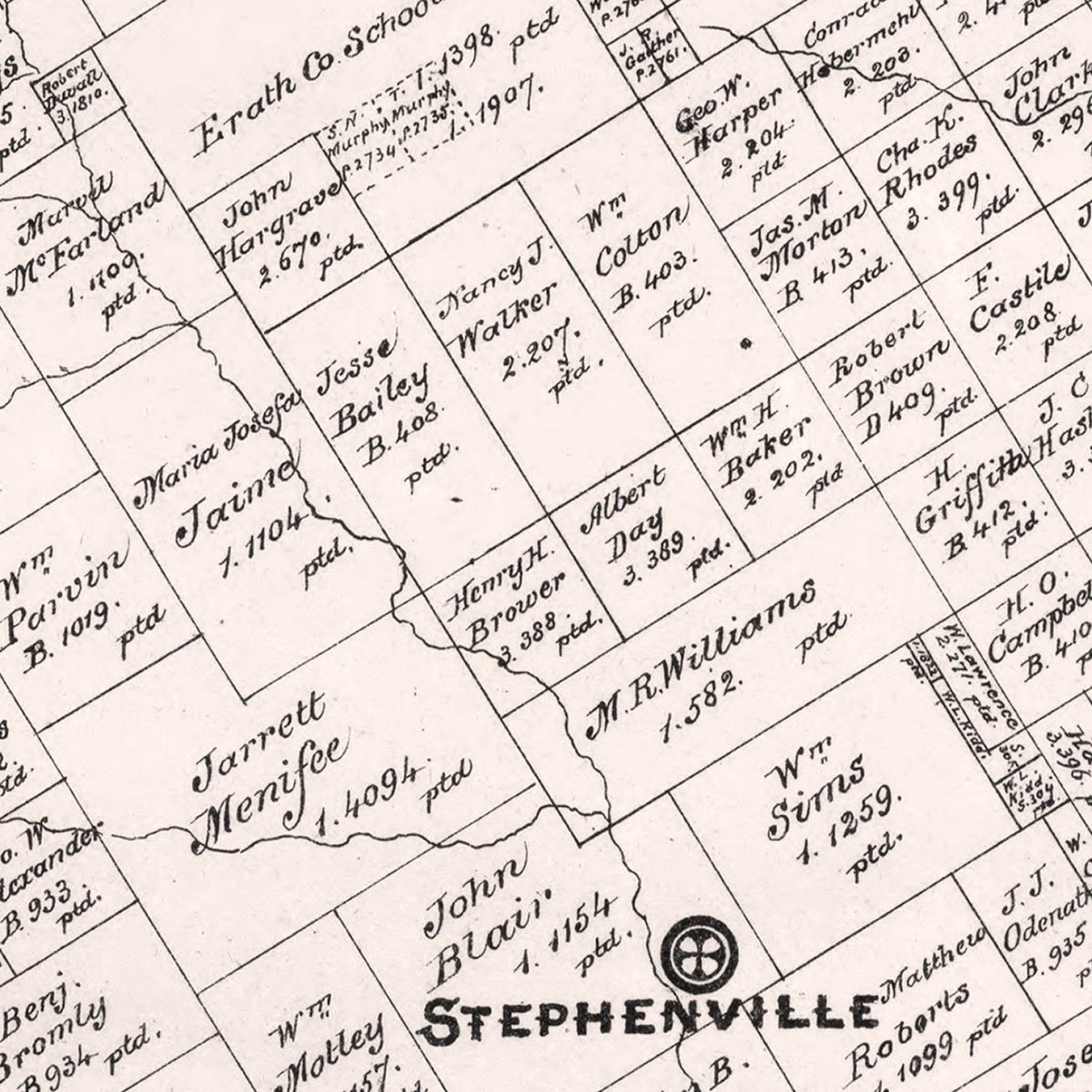 Restored historic details from the 1879 county map of Erath County, Texas