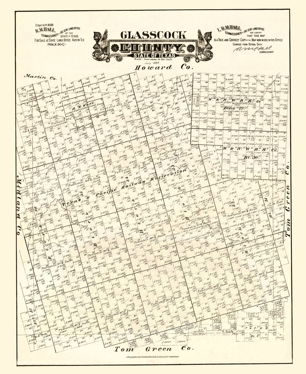 Vintage Map of Glasscock County, Texas 1888 print style example