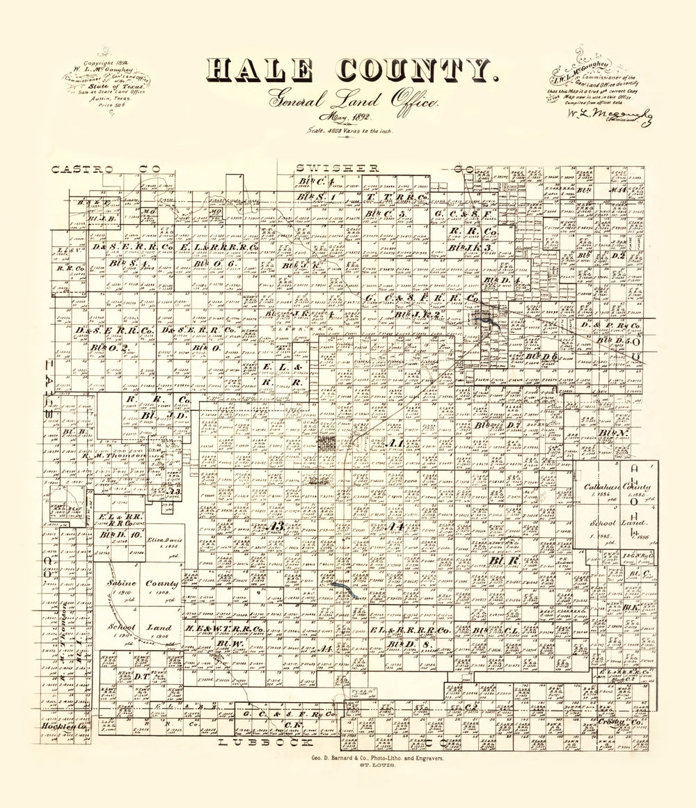 Vintage Map of Hale County, Texas 1892 print style example