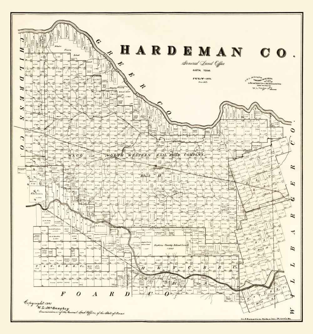 Vintage Map of Hardeman County, Texas 1891 print style example