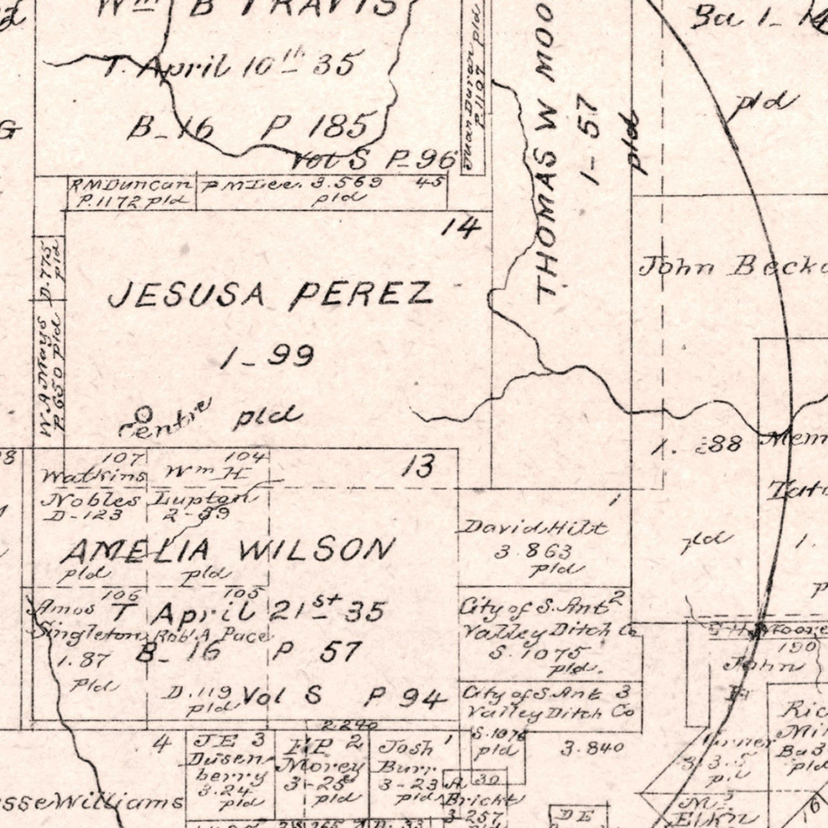 Restored historic details from the 1880 county map of Hays County, Texas
