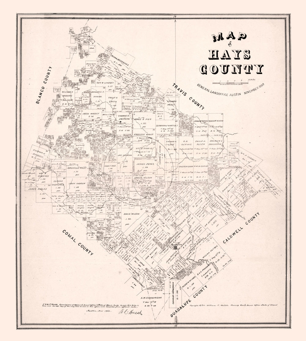Vintage Map of Hays County, Texas 1880 print style example