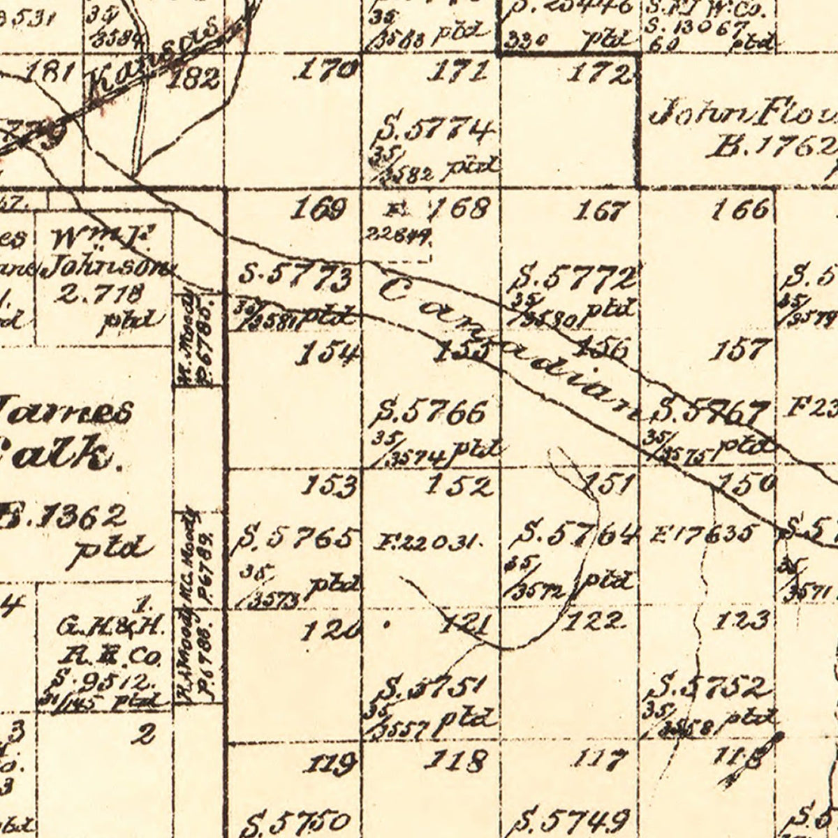 Restored historic details from the 1888 county map of Hemphill County, Texas