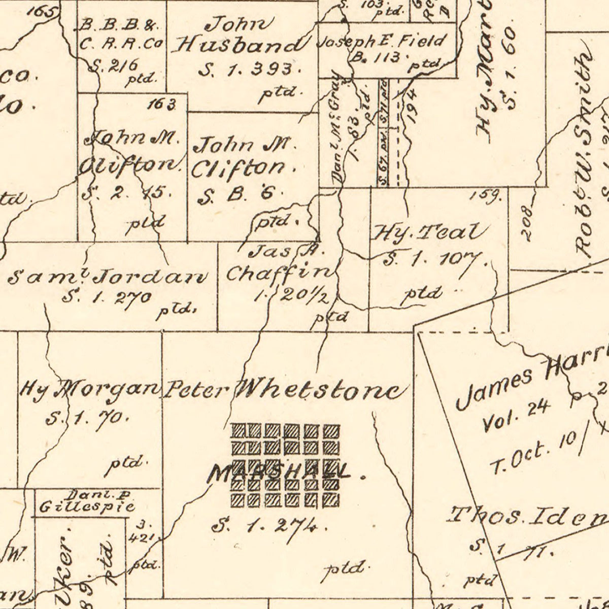 Restored historic details from the 1879 county map of Harrison County, Texas