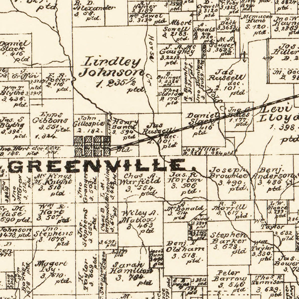 Restored historic details from the 1879 county map of Hunt County, Texas