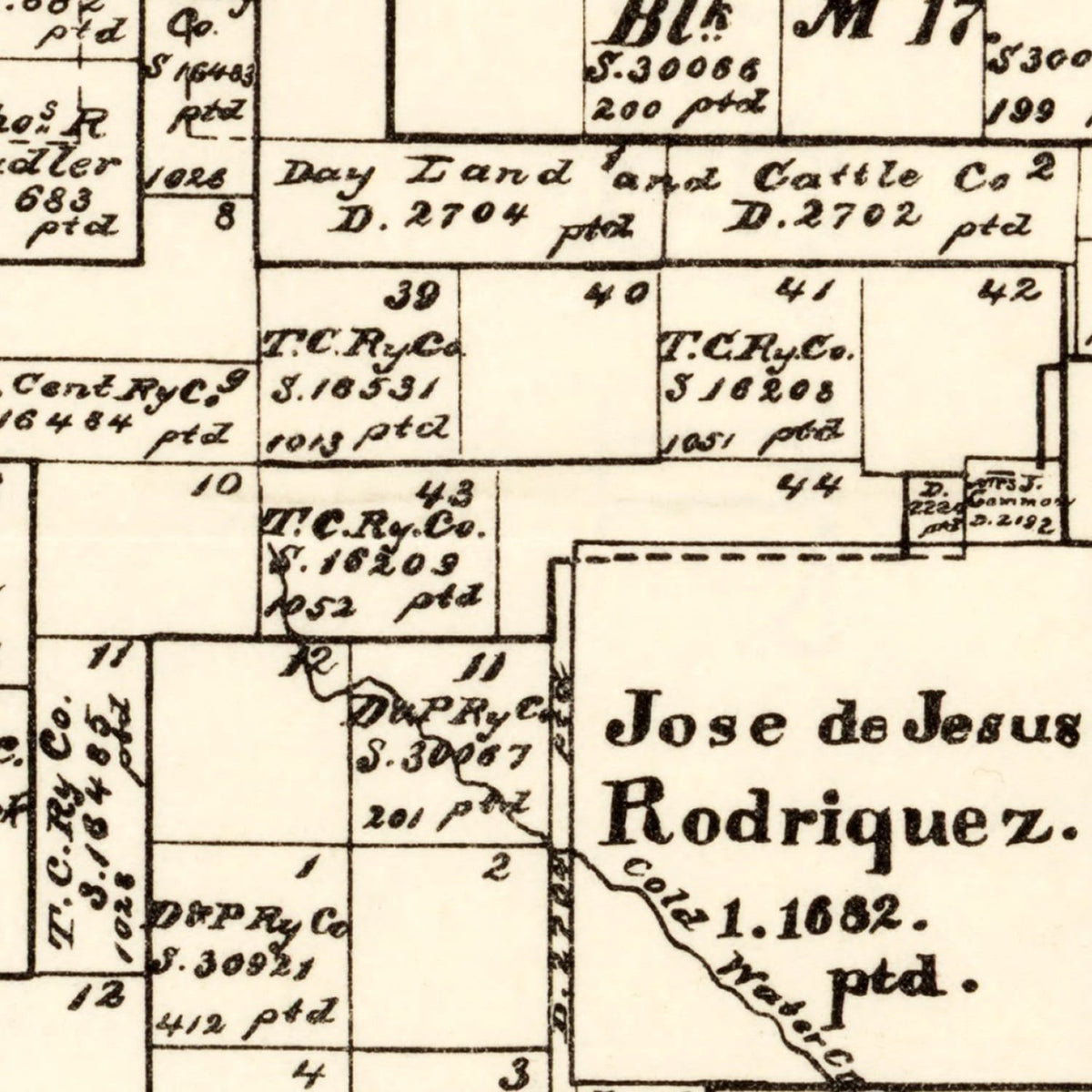 Restored historic details from the 1891 county map of Hutchinson County, Texas