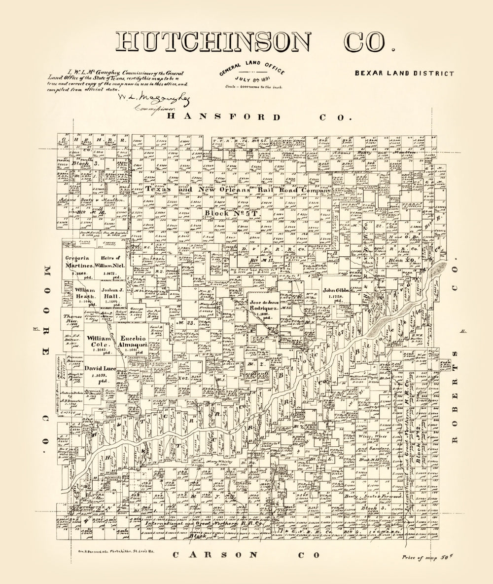 Vintage Map of Hutchinson County, Texas 1891 print style example