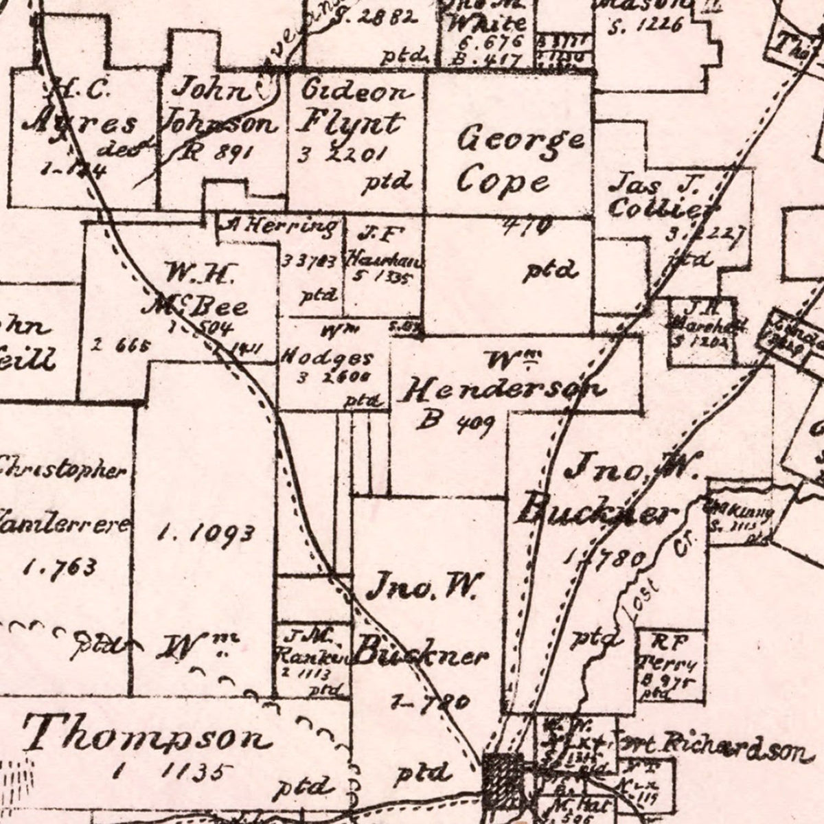 Restored historic details from the 1876 county map of Jack County, Texas