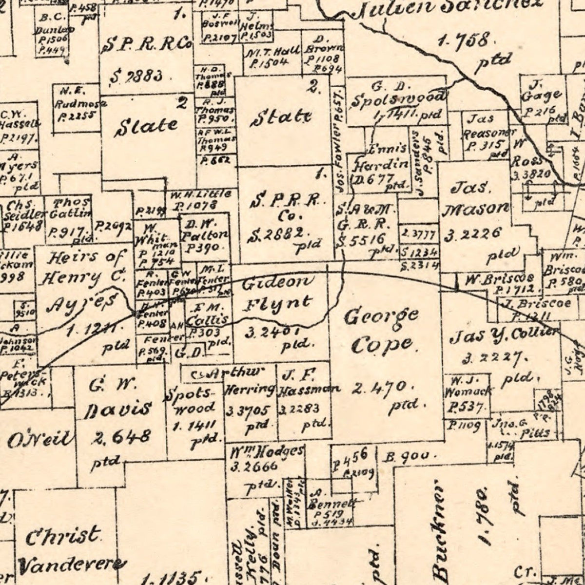 Restored historic details from the 1879 county map of Jack County, Texas