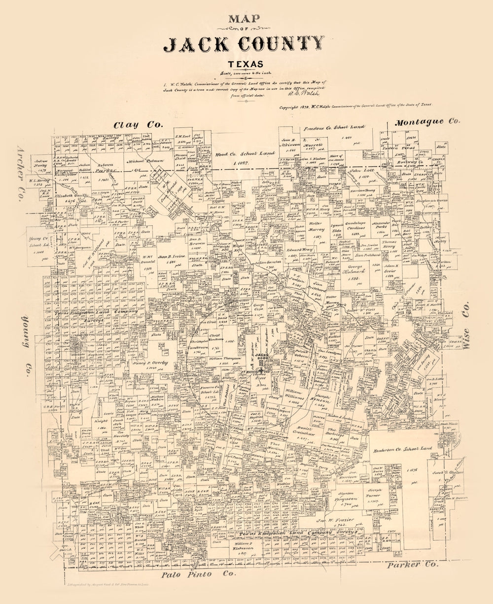 Vintage Map of Jack County, Texas 1879 print style example