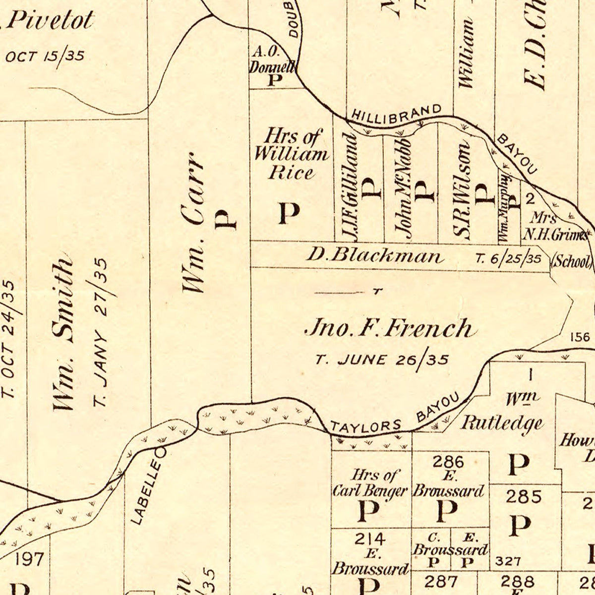 Restored historic details from the 1898 county map of Jefferson County, Texas