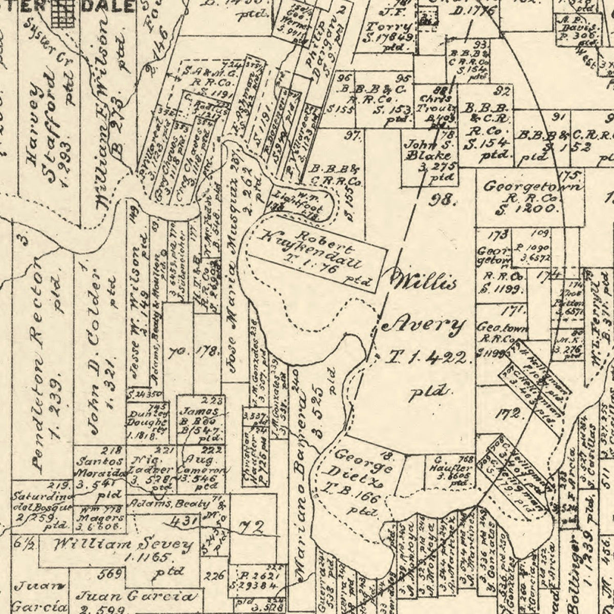 Restored historic details from the 1879 county map of Kendall County, Texas