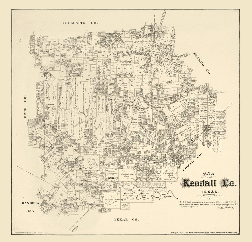 Vintage Map of Kendall County, Texas 1879 print style example