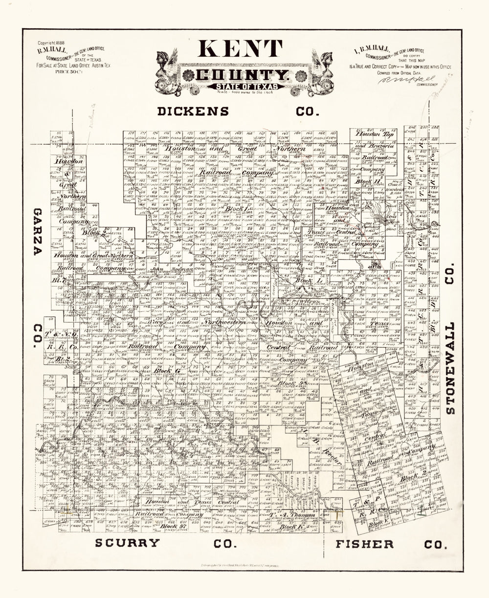Vintage Map of Kent County, Texas 1888 print style example