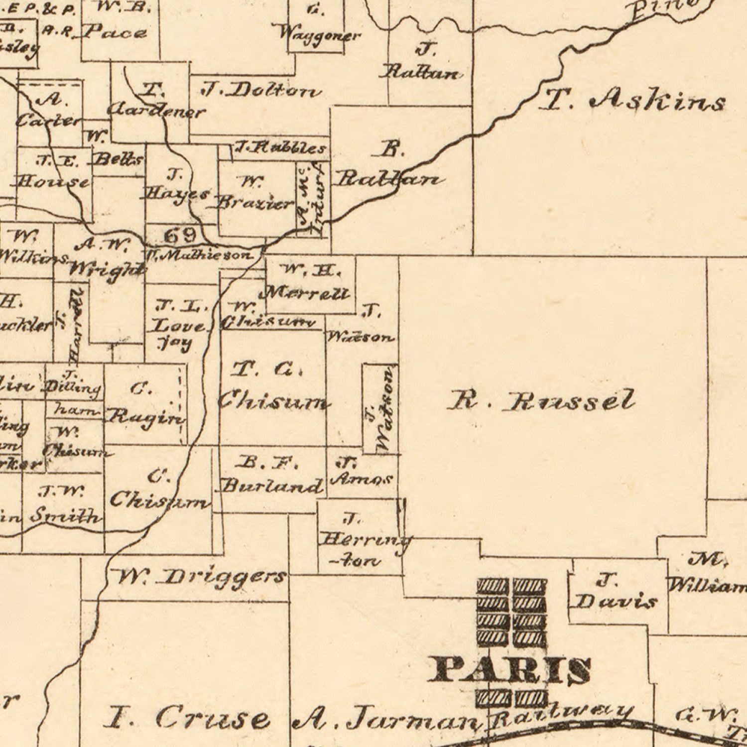 Restored historic details from the 1870 county map of Lamar County, Texas