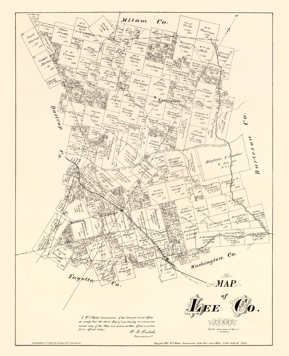 Vintage Map of Lee County, Texas 1879 print style example