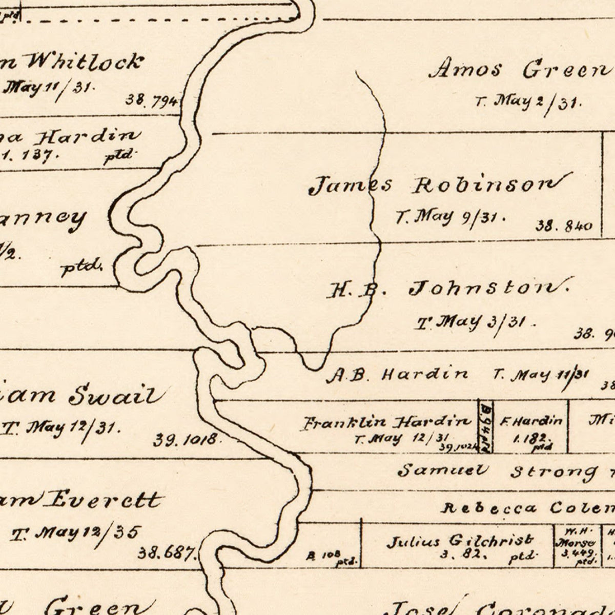 Restored historic details from the 1879 county map of Liberty County, Texas