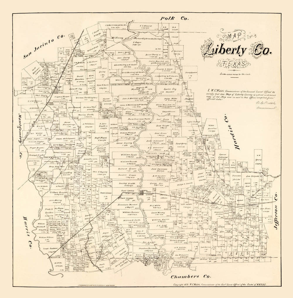 Vintage Map of Liberty County, Texas 1879 print style example