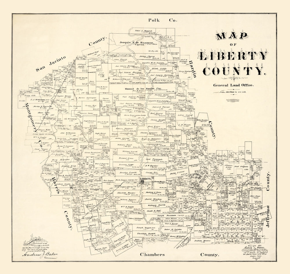 Vintage Map of Liberty County, Texas 1895 print style example