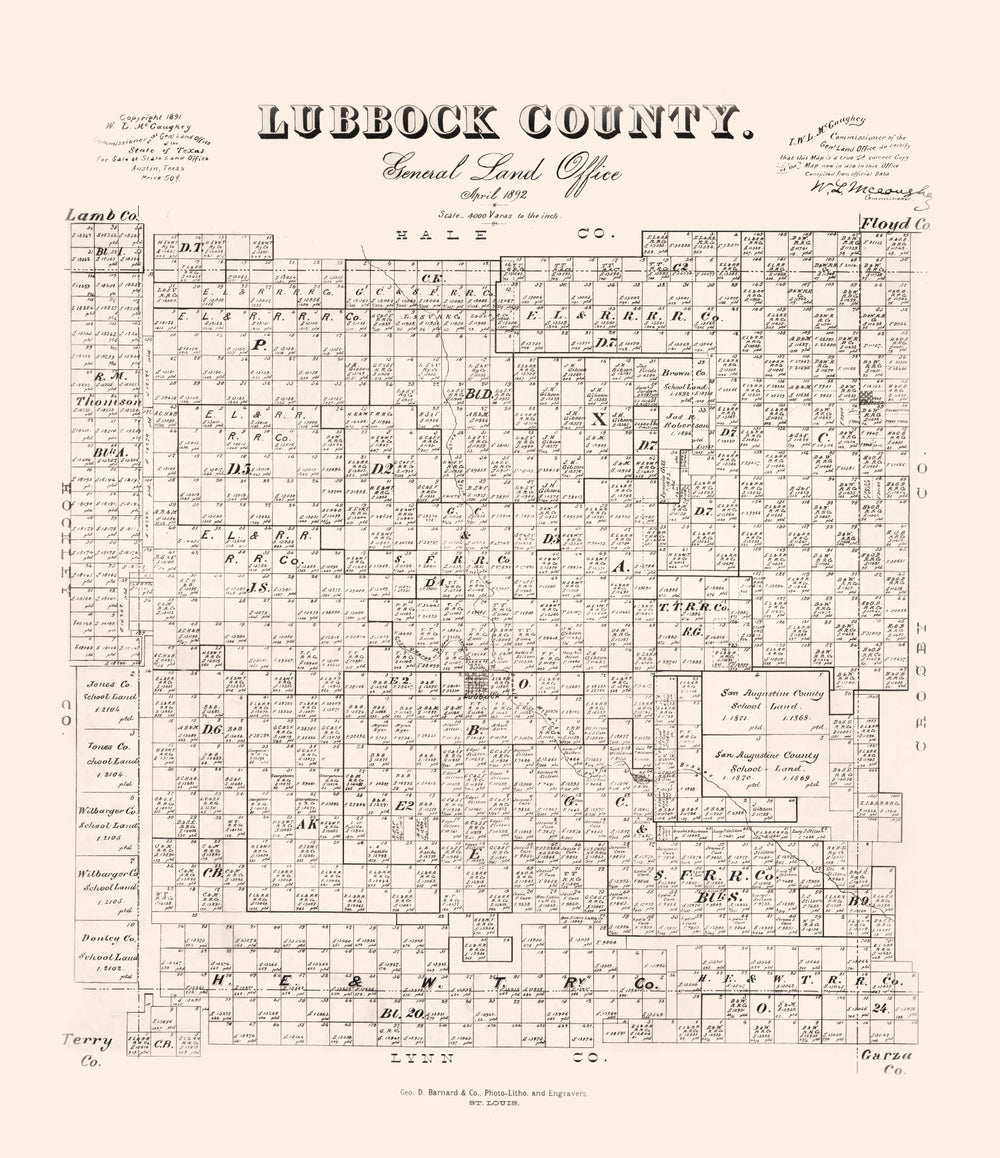 Vintage Map of Lubbock County, Texas 1892 print style example