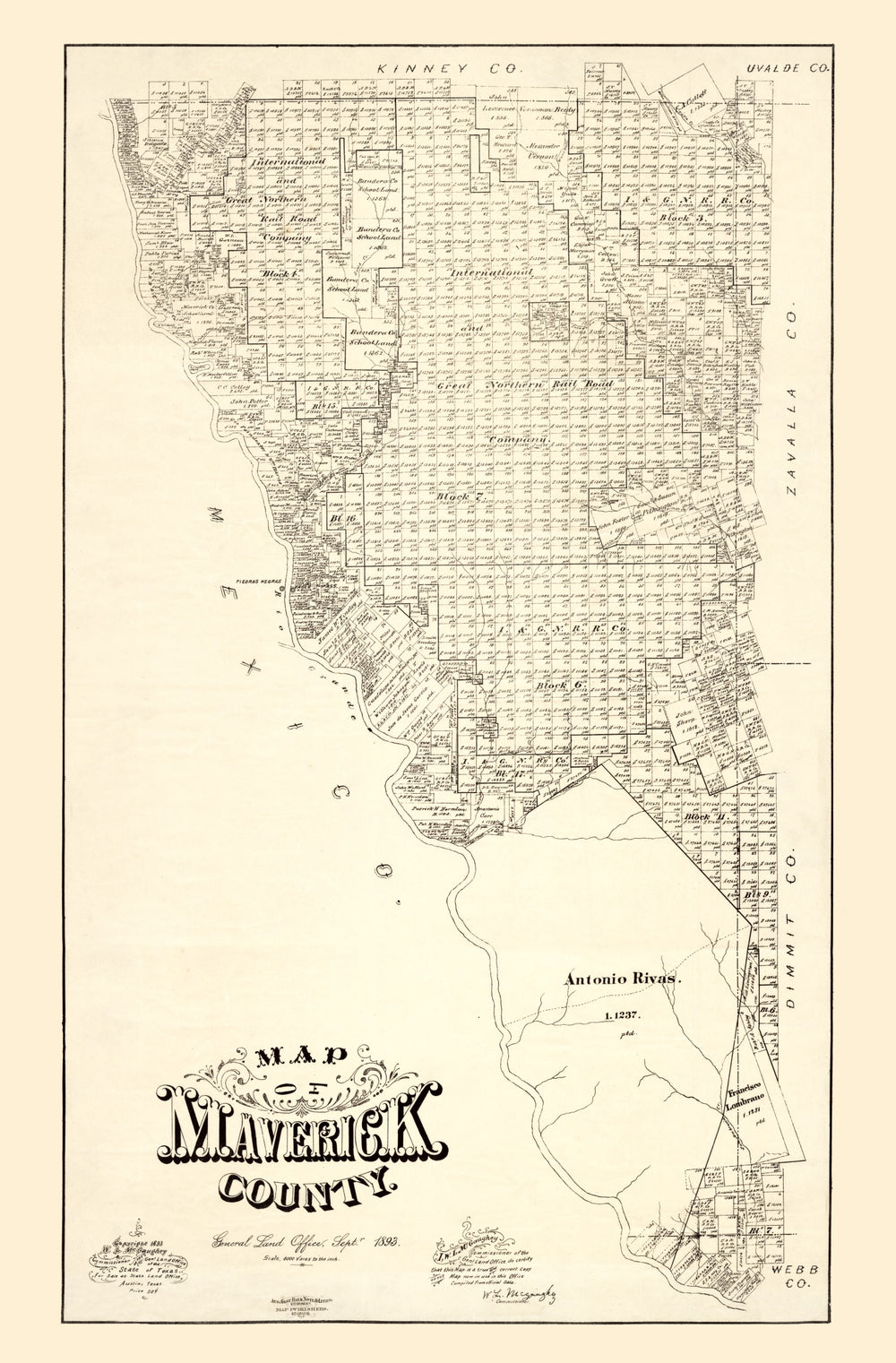 Vintage Map of Maverick County, Texas 1893 print style example