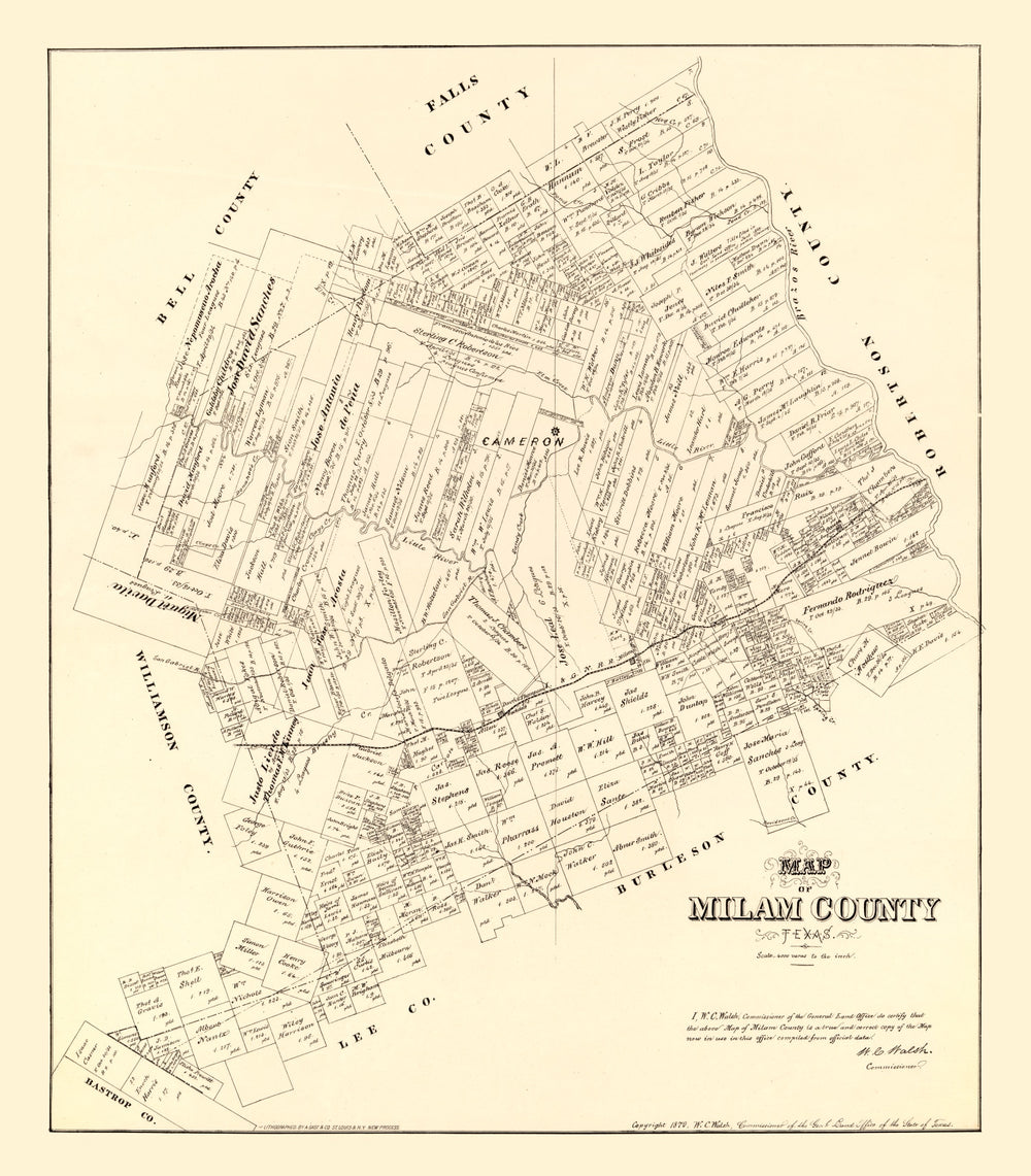 Vintage Map of Milam County, Texas 1879 print style example
