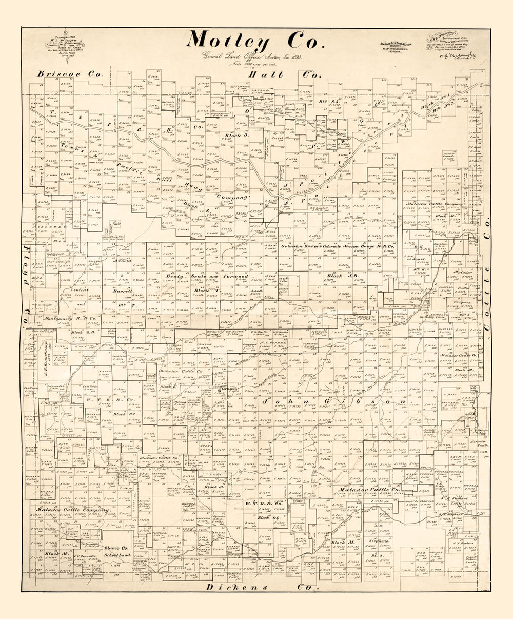 Vintage Map of Motley County, Texas 1893 print style example