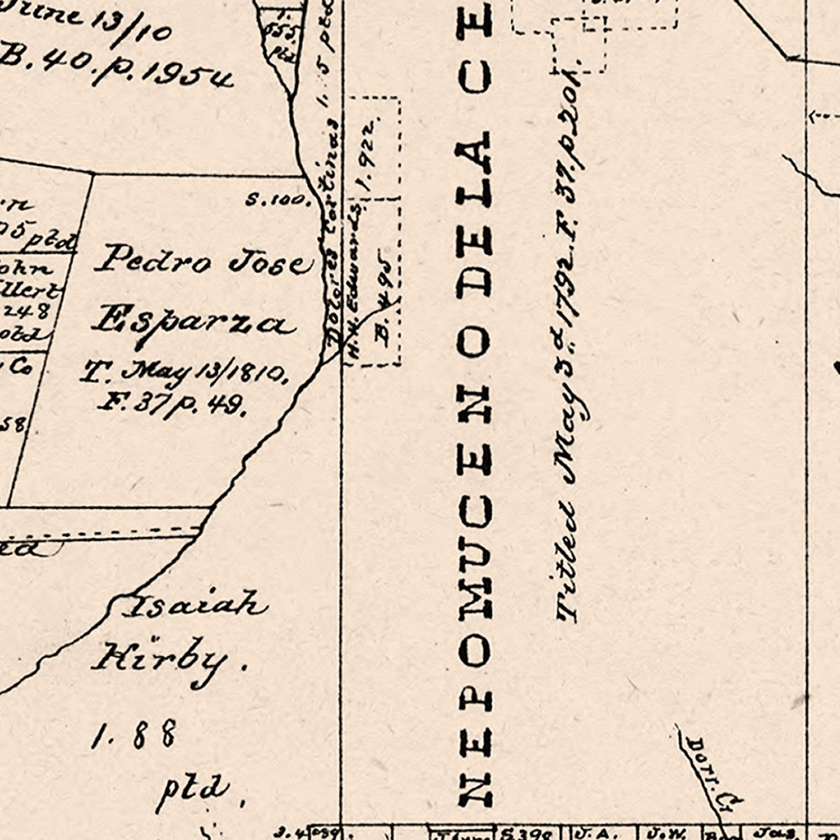 Restored historic details from the 1881 county map of Nacogdoches County, Texas