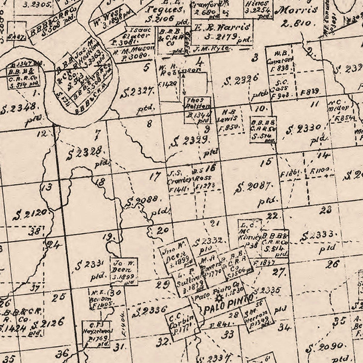 Restored historic details from the 1879 county map of Palo Pinto County, Texas