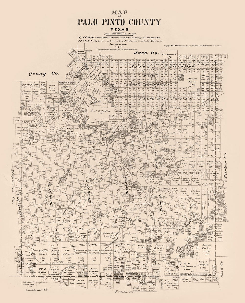 Vintage Map of Palo Pinto County, Texas 1879 print style example