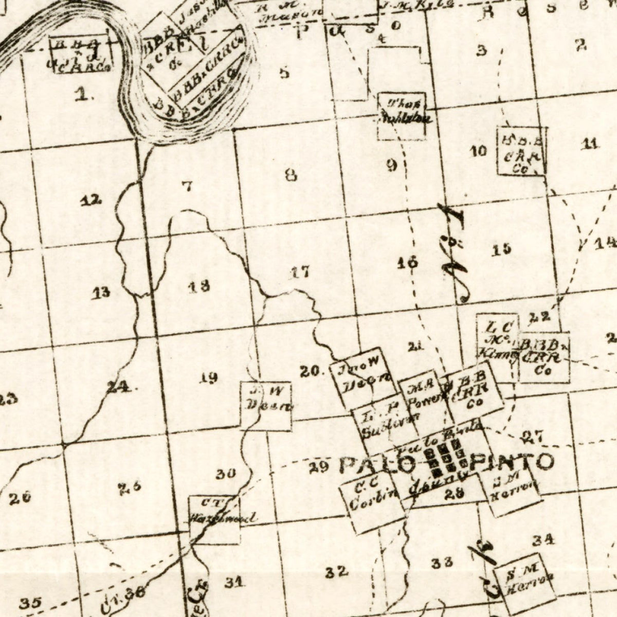 Restored historic details from the 1880 county map of Palo Pinto County, Texas