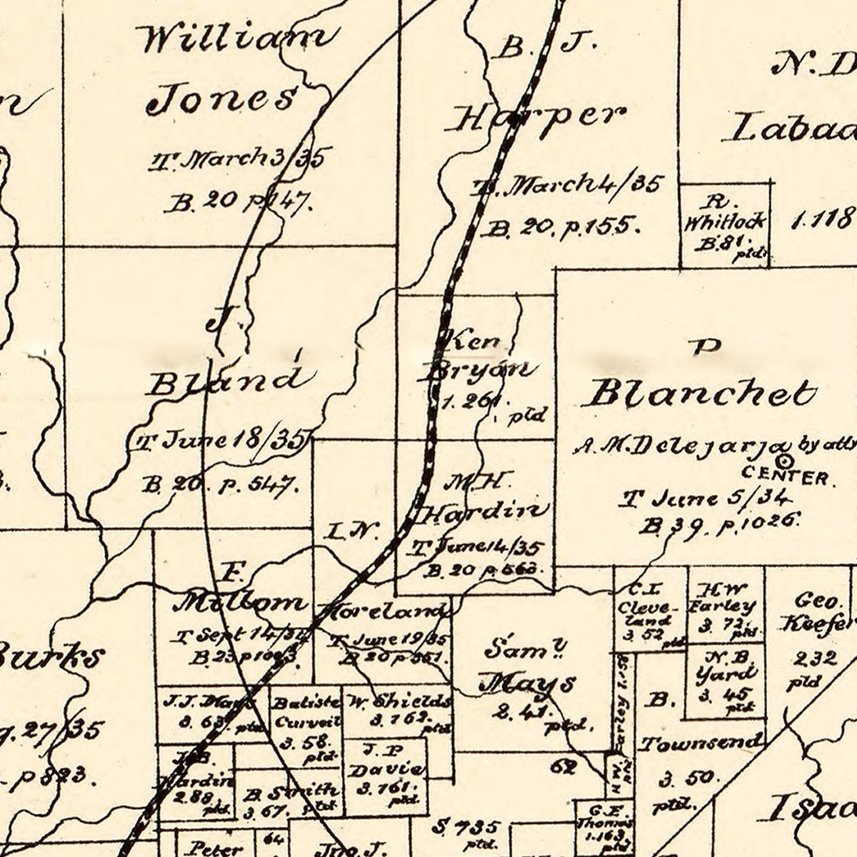 Restored historic details from the 1879 county map of Polk County, Texas