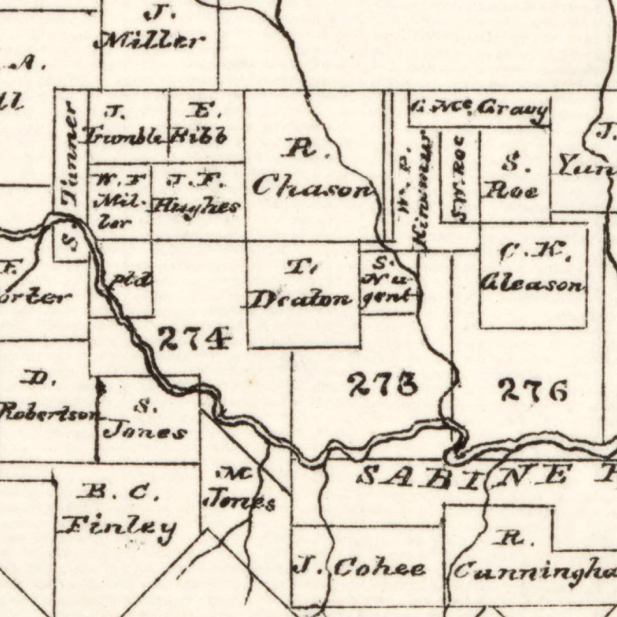 Restored historic details from the 1870 county map of Rains County, Texas