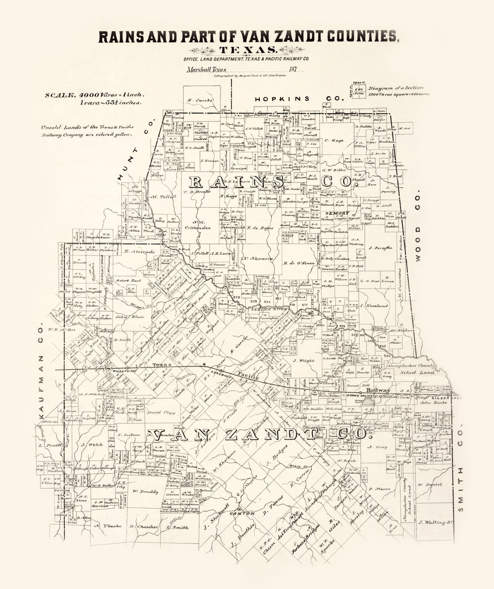 Vintage Map of Rains County, Texas 1870 print style example