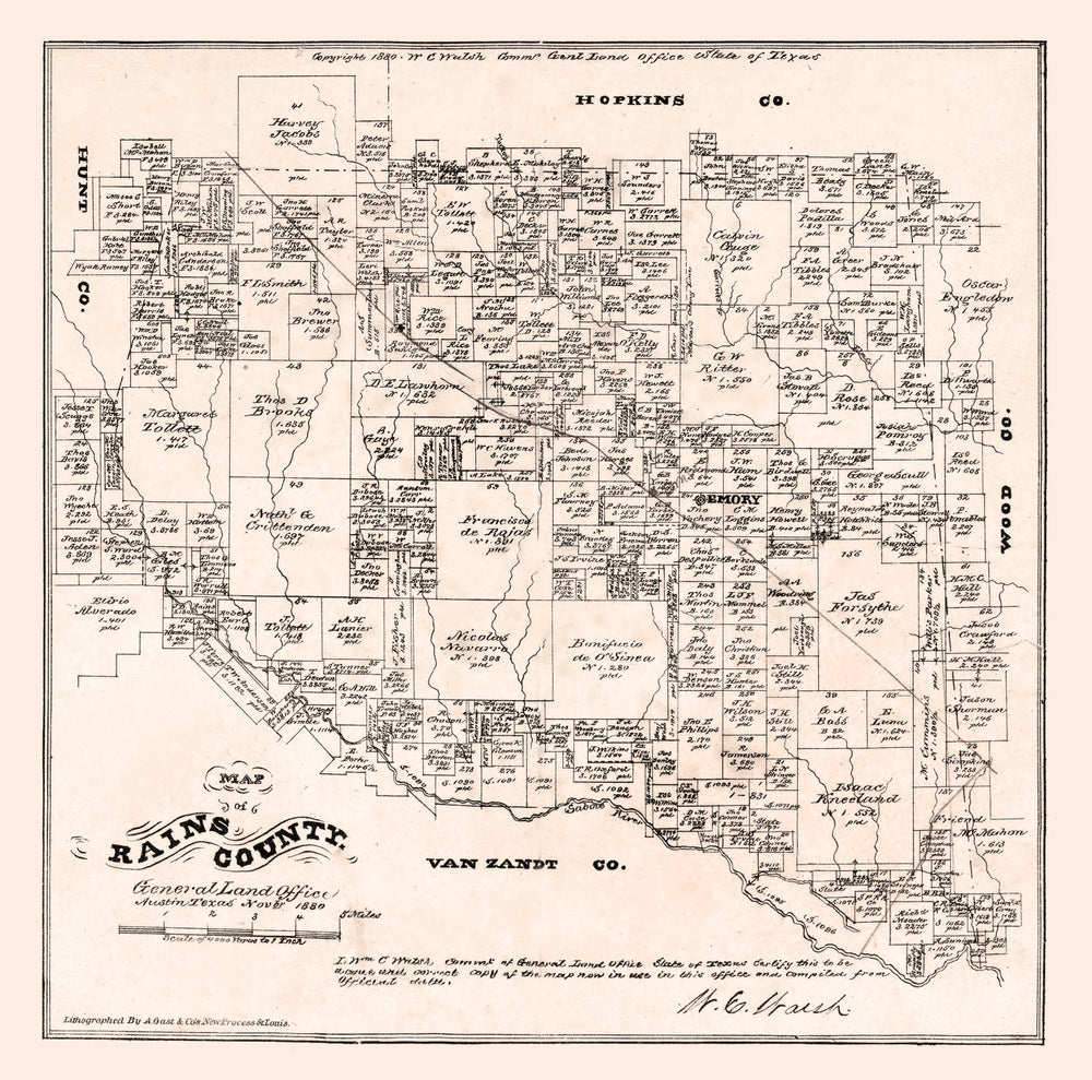 Vintage Map of Rains County, Texas 1880 print style example