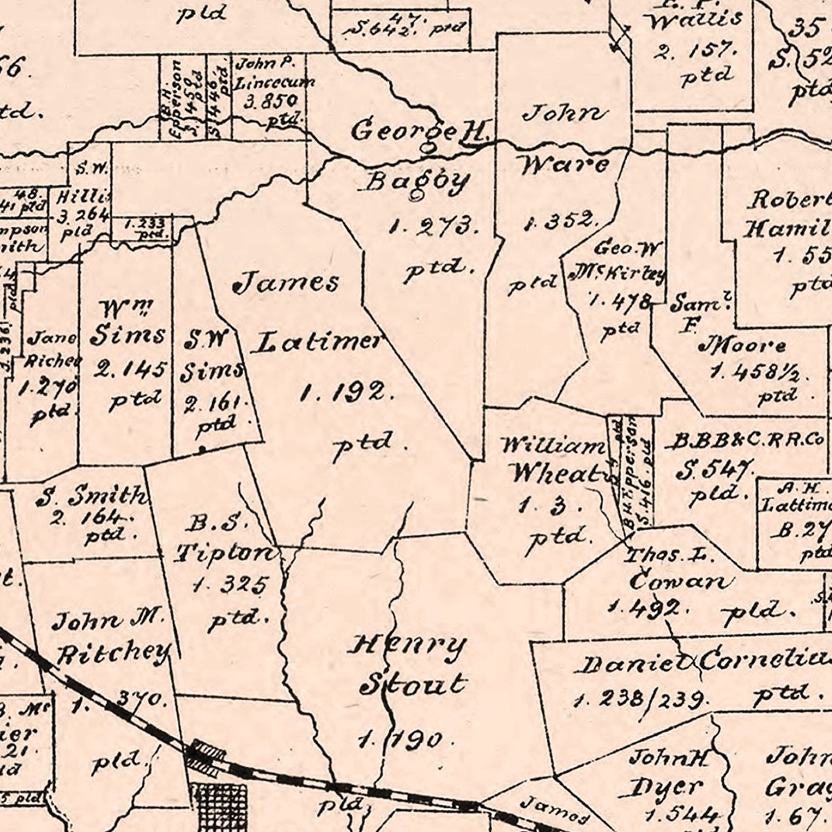 Restored historic details from the 1879 county map of Red River County, Texas