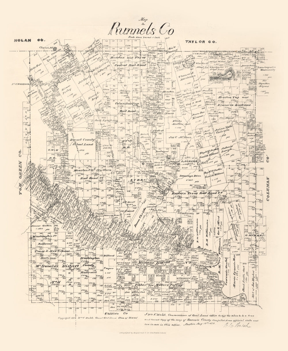 Vintage Map of Runnels County, Texas 1879 print style example