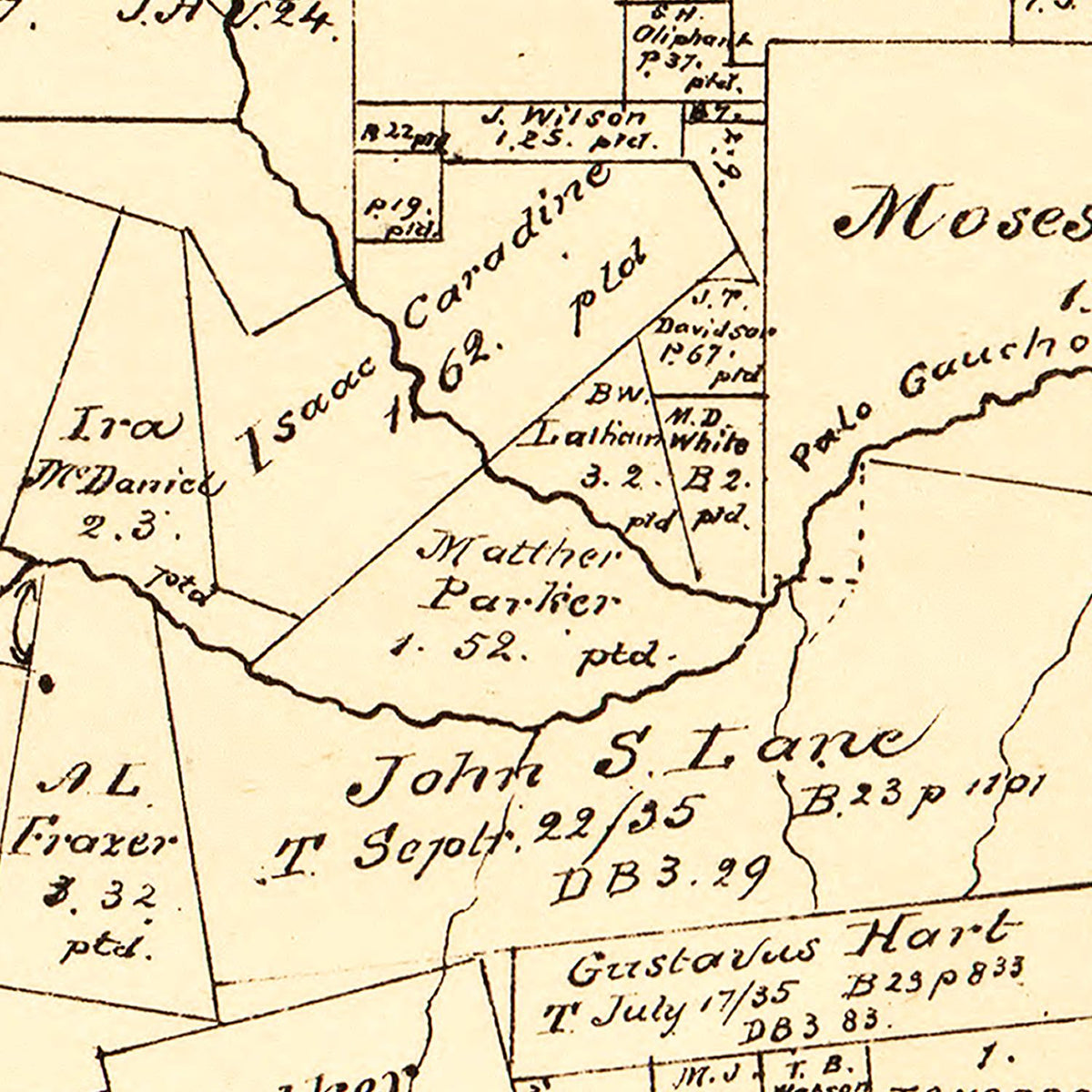 Restored historic details from the 1879 county map of Sabine County, Texas