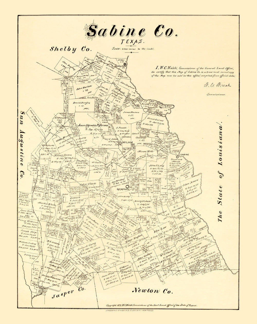 Vintage Map of Sabine County, Texas 1879 print style example