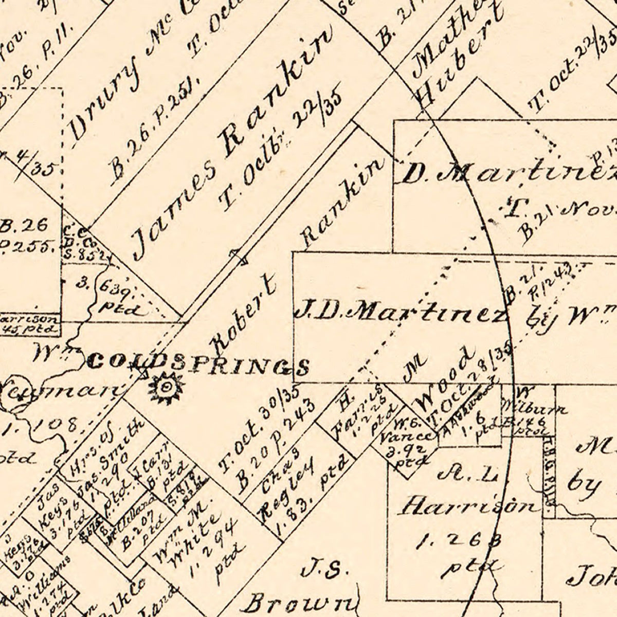 Restored historic details from the 1879 county map of San Jacinto County, Texas