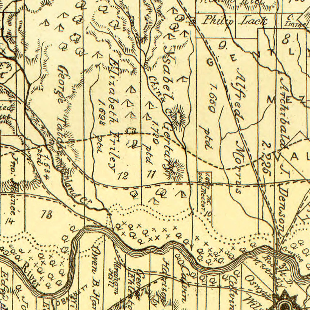 Restored historic details from the 1876 county map of San Saba County, Texas