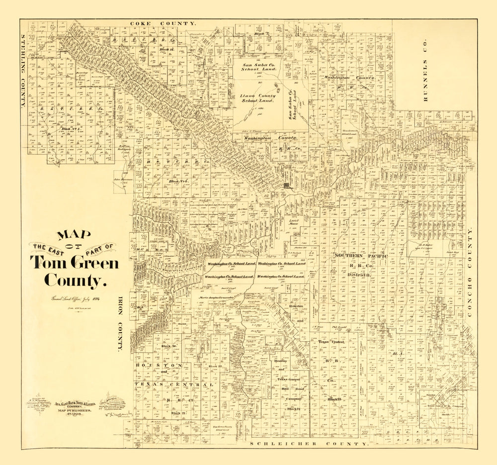 Vintage Map of Tom Green County, Texas 1893 print style example