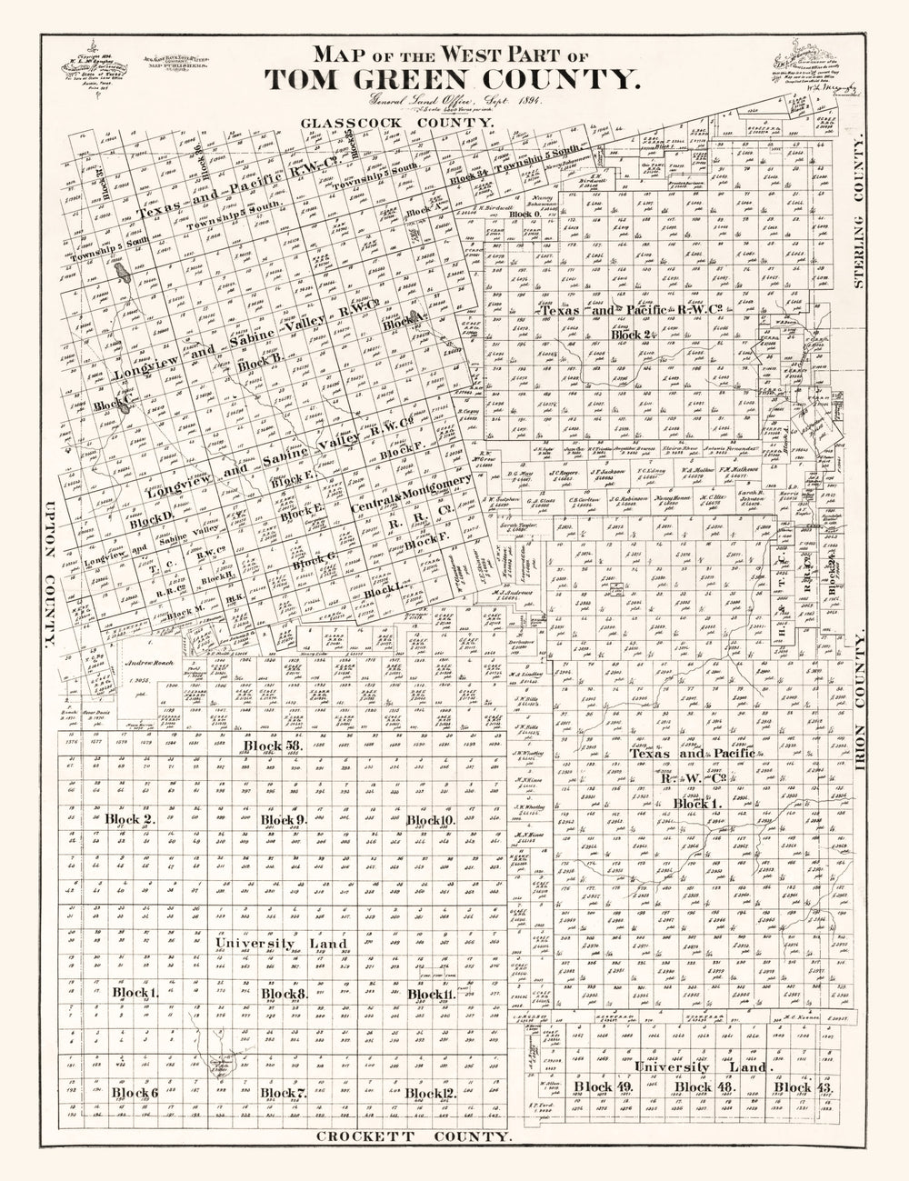Vintage Map of Tom Green County, Texas 1894 print style example