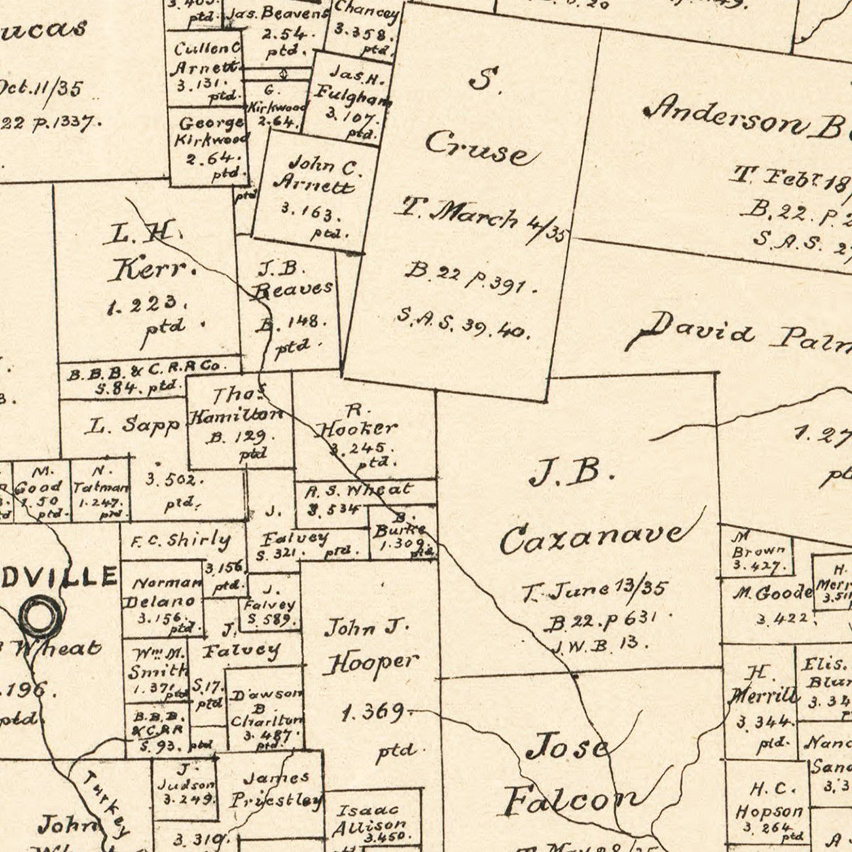 Restored historic details from the 1879 county map of Tyler County, Texas